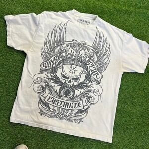 Y2K Men's silver star White Graphic Skull Wing T-Shirt X-LARGE MADE IN‎ USA